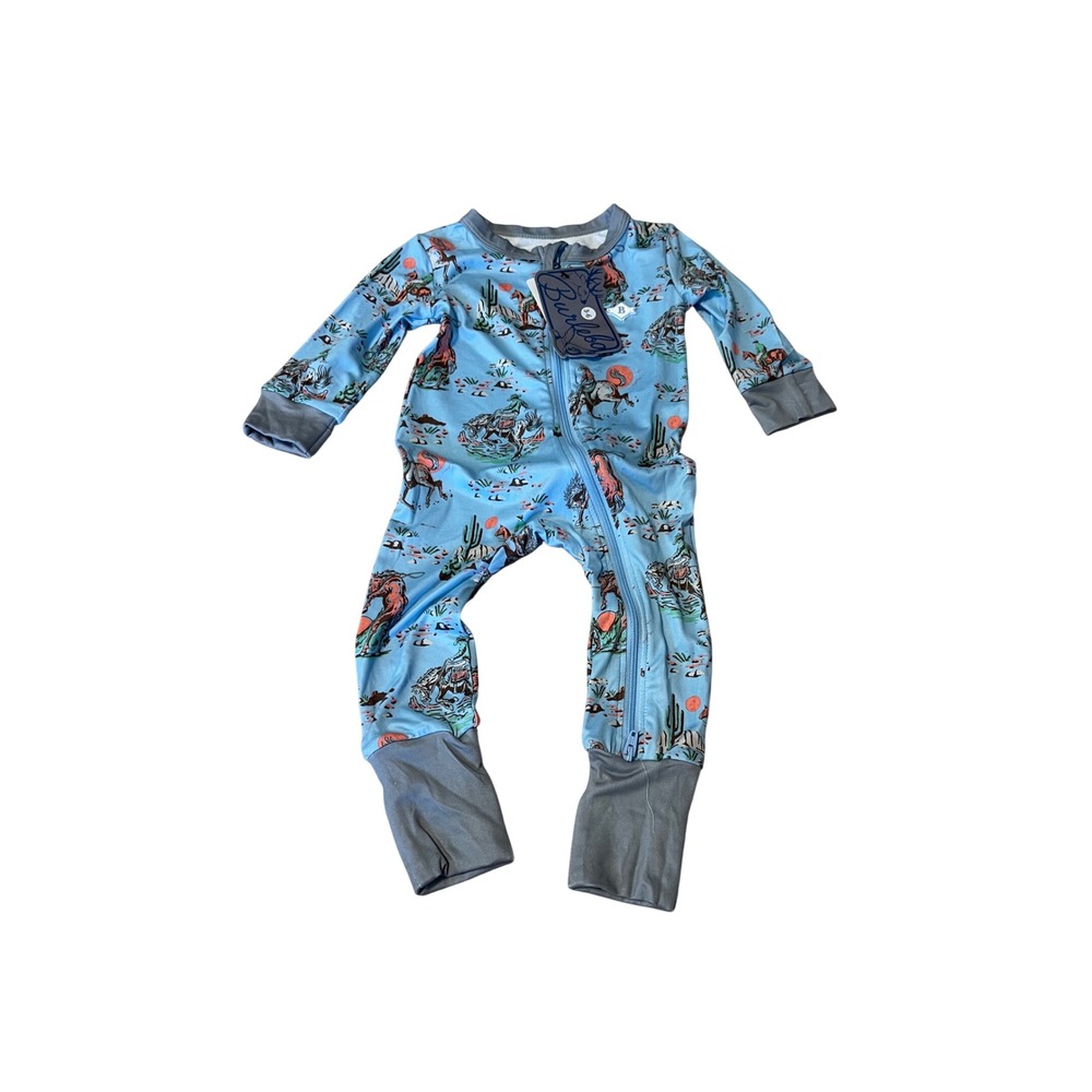 Burlebo Baby Bamboo Zipper Romper Wild West Cowboy Print Blue 3-6 Months NWT I03